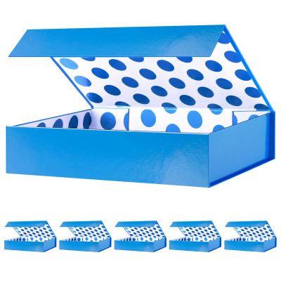 GREEN BEAN Gift Boxes - 6 Pack, 11x7.8x2.3 Inches, Blue with Lids, Magnetic Closure, Shirt Gift Boxes for Clothes (Glossy Metallic Blue, Polka Dot Design Inside)
