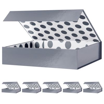 GREEN BEAN 6 Gift Boxes 11x7.8x2.3 Inches, Grey Gift Boxes with Lids for Presents, Magnetic Shirt Gifts Boxes for Clothes (Glossy Metallic Grey, Polka Dot Design Inside)