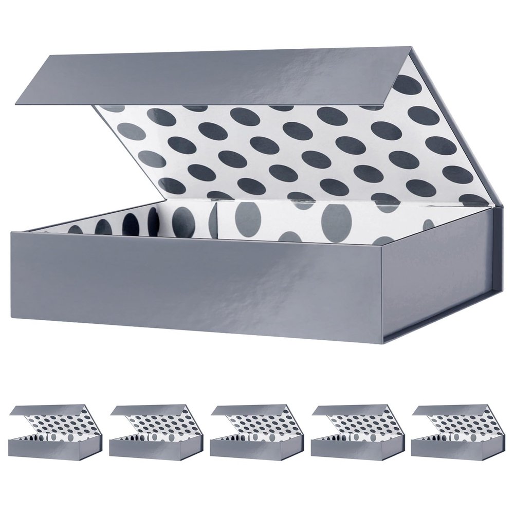 GREEN BEAN 6 Gift Boxes 11x7.8x2.3 Inches, Grey Gift Boxes with Lids for Presents, Magnetic Shirt Gifts Boxes for Clothes (Glossy Metallic Grey, Polka Dot Design Inside)