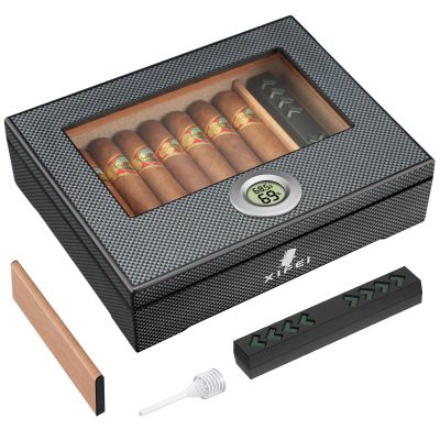 XIFEI Cigar Humidor, Glass Top Carbon Fiber Texture with Digital Hygrometer, Including Cigar humidifier, Divider, Cedar Wood Humidor Box, Holds 25-35 Cigars (9IN*7.5 * 2.8)