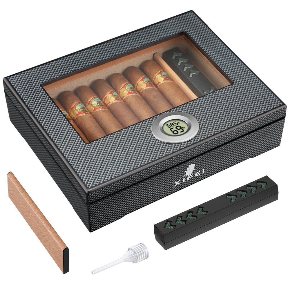 XIFEI Cigar Humidor, Glass Top Carbon Fiber Texture with Digital Hygrometer, Including Cigar humidifier, Divider, Cedar Wood Humidor Box, Holds 25-35 Cigars (9IN*7.5 * 2.8)