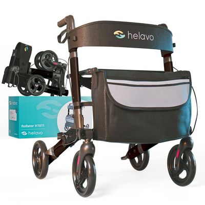 Helavo Foldable Rollator with Seat  360 Swivel 8" Wheels, 24.8" Wide - Lightweight Aluminum Rolling Walker for Seniors and Adults with Adjustable Height