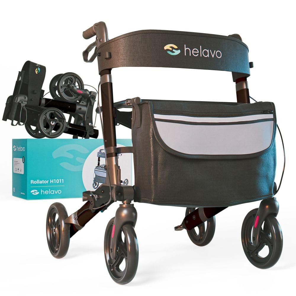 Helavo Foldable Rollator with Seat  360 Swivel 8" Wheels, 24.8" Wide - Lightweight Aluminum Rolling Walker for Seniors and Adults with Adjustable Height