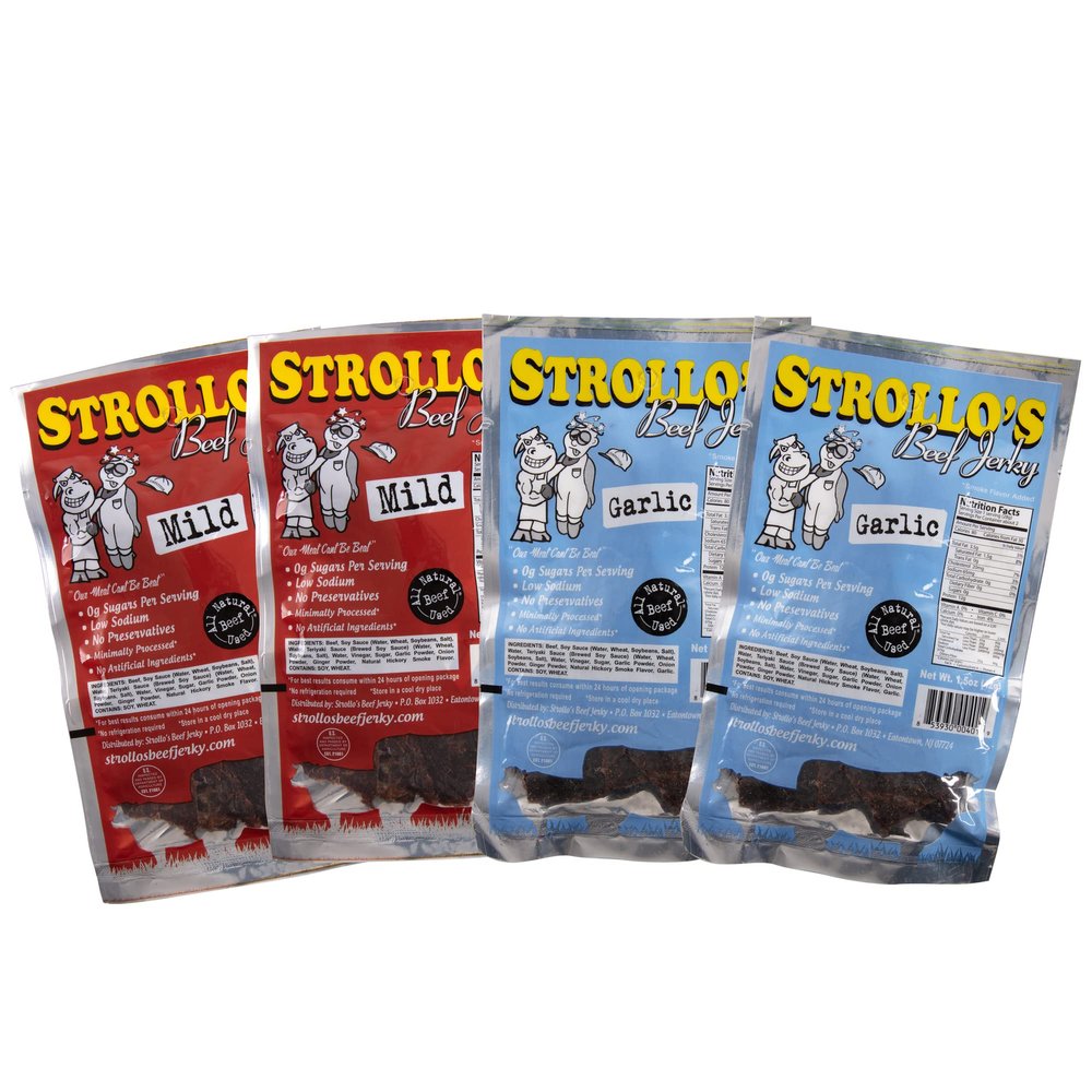 Strollo's Beef Jerky Snack Packs - Mild and Garlic 4-1.5oz Packs - Low Sodium, Low Sugar, Low Carb - Made with All Natural USA Beef, USDA Certified- 2 of Each Flavor