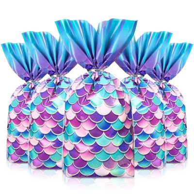 Frienda 100 Pcs Mermaid Party Favors Bags, Under The Sea Ocean Cellophane Gift Candy Treat Goodie Bags with 100 Pcs Silver Twist Ties for Girls Mermaid Birthday Party Supplies Favors(Elegant Style)
