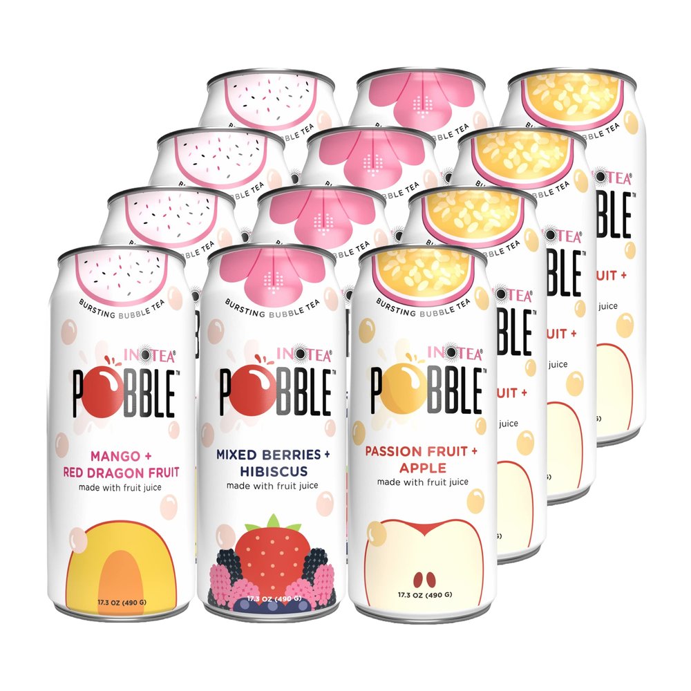 INOTEA POBBLE BURSTING BUBBLE TEA (Pack of 12 Cans) includes SALTATION Thank You Card | Canned Iced Tea Made with Real Fruit Juice and Contains Popping Pearls (16.6oz/can) | 12 Can Bundle- Available Flavors: Assorted, Mango+Red Dragon Fruit, Mixed Be