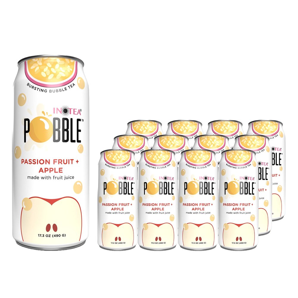 INOTEA POBBLE BURSTING BUBBLE TEA (Pack of 12 Cans) includes SALTATION Thank You Card | Canned Iced Tea Made with Real Fruit Juice and Contains Popping Pearls (16.6oz/can) | 12 Can Bundle- Available Flavors: Assorted, Mango+Red Dragon Fruit, Mixed Be