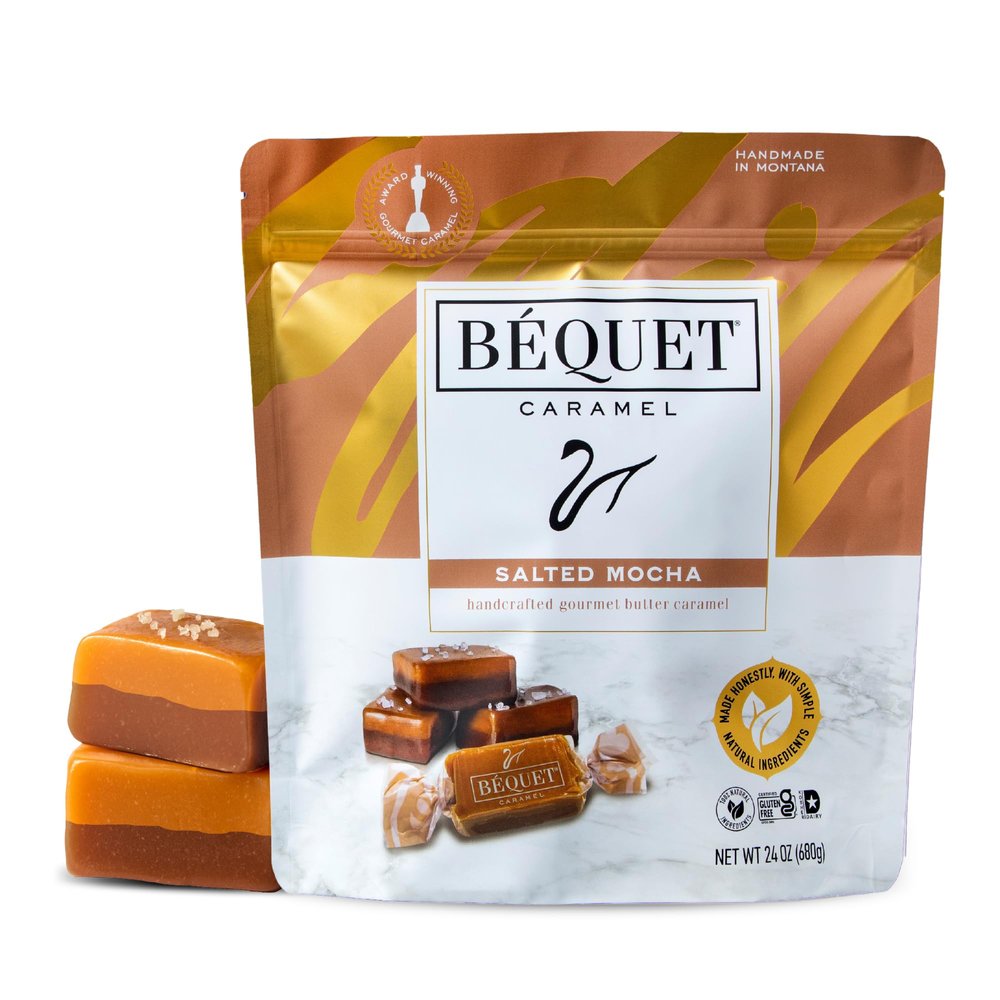 Bquet Caramel - Salted Mocha Gourmet Candy - Coffee Candy Individually Wrapped - Gourmet Sea Salt Caramel - Made in Montana - Kosher (Star-D), and Gluten Free - 24oz Resealable Pouch