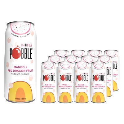 INOTEA POBBLE BURSTING BUBBLE TEA (Pack of 12 Cans) includes SALTATION Thank You Card | Canned Iced Tea Made with Real Fruit Juice and Contains Popping Pearls (16.6oz/can) | 12 Can Bundle- Available Flavors: Assorted, Mango+Red Dragon Fruit, Mixed Be