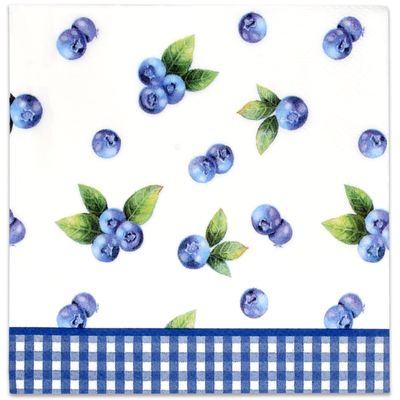 100 Blueberry Cocktail Beverage Napkins Disposable Paper Blueberries Fruit Dessert Napkin for Blue Berry Fruits Gingham Summer Spring Birthday Tea Party Bridal & Baby Shower Tableware Party Supplies
