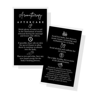 Aromatherapy Massage Aftercare Cards | 50 Pack | 2x3.5 inch Business Card Size | Aromatherapy Accessories | Black Card Design