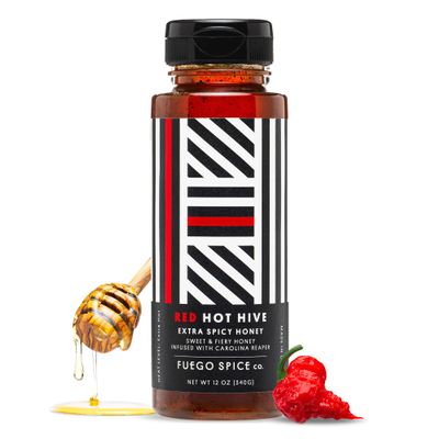 RED HOT HIVE Extra Spicy Honey, Sweet & Fiery Hot Honey Infused with Carolina Reaper Pepper by Fuego Spice - 12 Oz - Squeeze it on a BBQ Chicken Wings or Try it on a Taco - Heat Level: 7/10