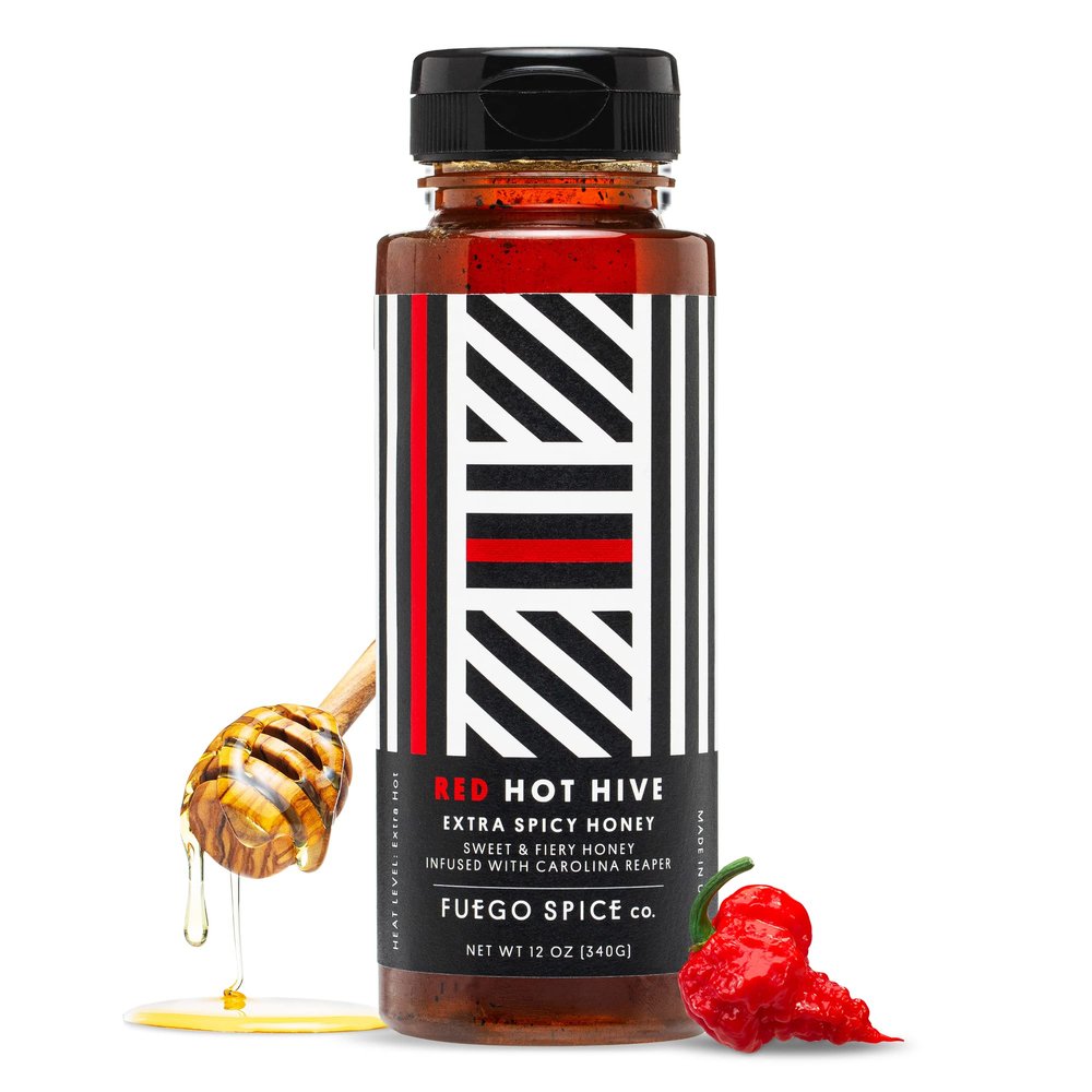 RED HOT HIVE Extra Spicy Honey, Sweet & Fiery Hot Honey Infused with Carolina Reaper Pepper by Fuego Spice - 12 Oz - Squeeze it on a BBQ Chicken Wings or Try it on a Taco - Heat Level: 7/10