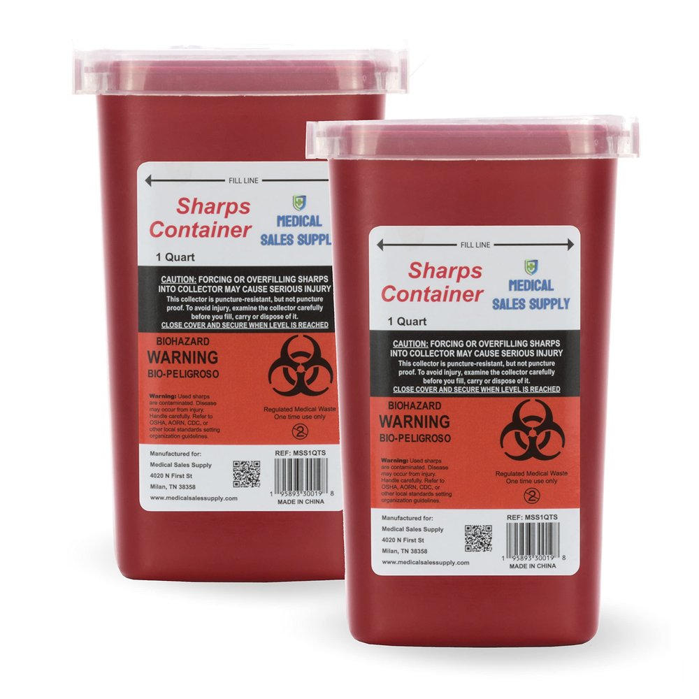 1 Quart | Biohazard Needle and Syringe Disposal Sharps Container with Flip Lid | for Diabetics - Pack of 2
