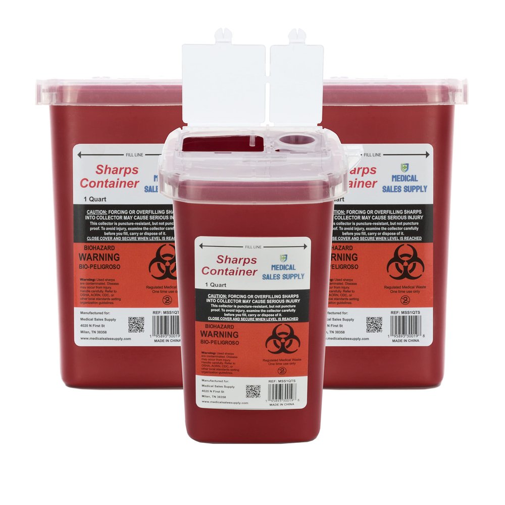 1 Quart | Biohazard Needle and Syringe Disposal Sharps Container with Flip Lid | for Diabetics - Pack of 3