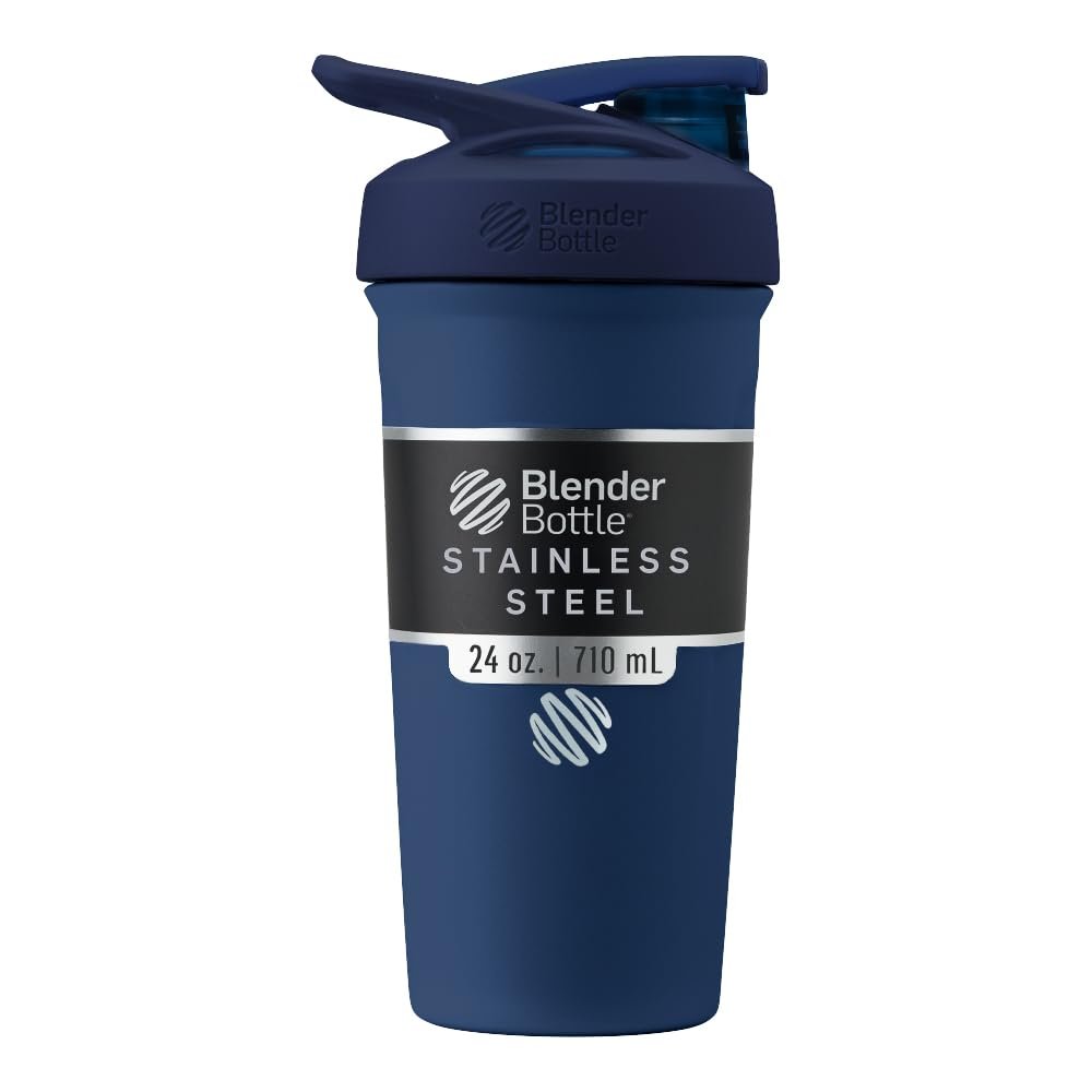 BlenderBottle Sport Insulated Stainless Steel Shaker Bottle with Wire Whisk, 24-Ounce, Navy Protein Shakes & Hydration for Athletes & Fitness Enthusiasts, Easy Mixing, Lockable Lid