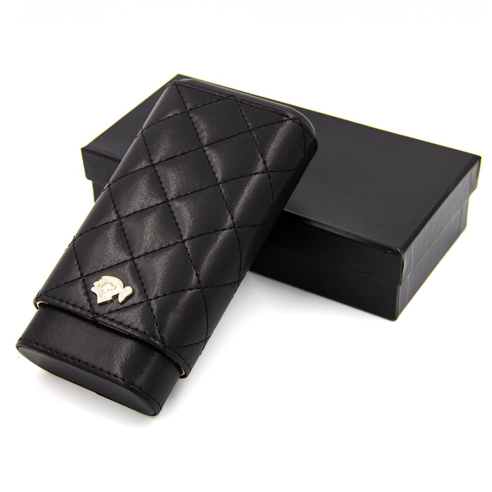 Cigar in Style Adjustable All Black Leather Cedar Wood 3 ct Cigar Case Holder Humidor