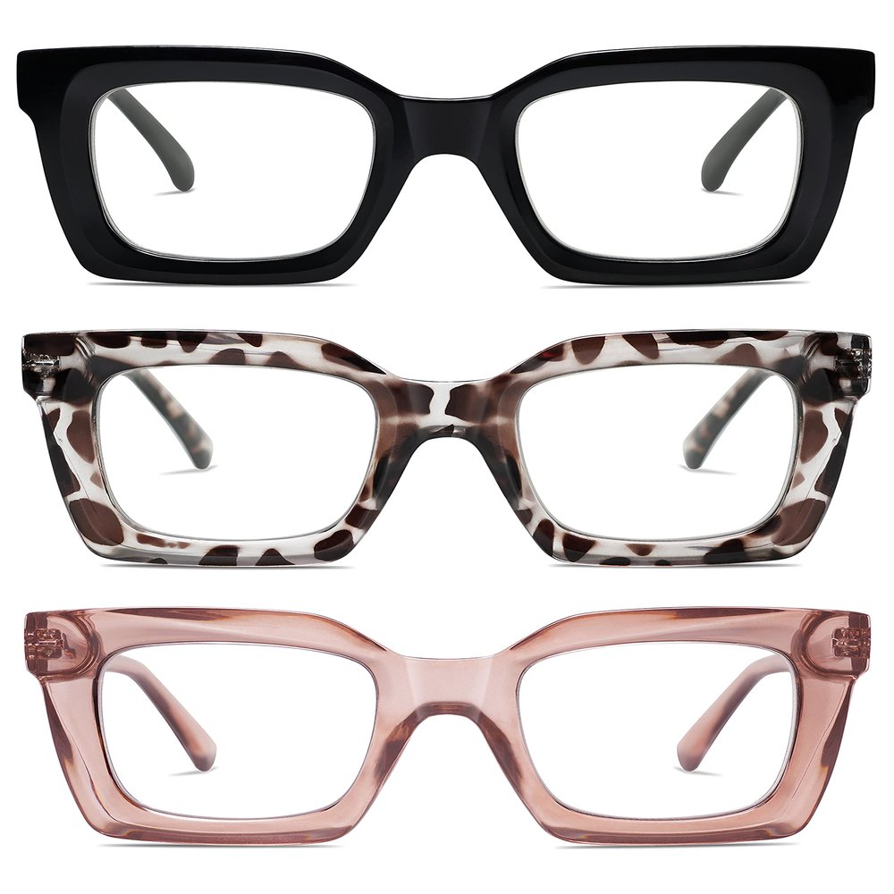 AMOMOMA 3PACK Retro Oversized Square Reading Glasses for Women Men Blue Light Computer Thick Womens Readers Spring hinge AM6015 Black/Grey Tort/Brown 1.75 x