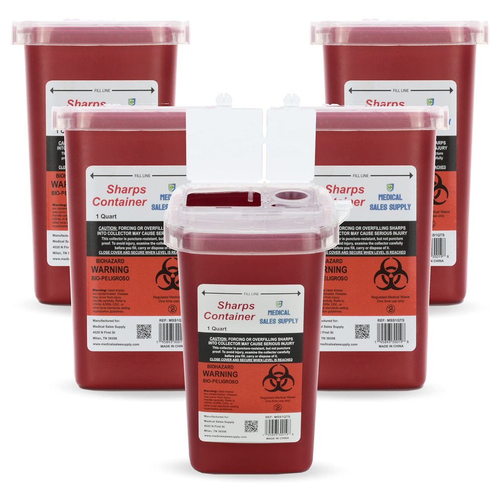 1 Quart | Biohazard Needle and Syringe Disposal Sharps Container with Flip Lid | for Diabetics - Pack of 5
