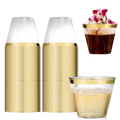 ASkinds 100 Pack Disposable Plastic Cups, 9 oz Gold Rimmed Plastic Cups for Wedding Cups Camping Party Cups