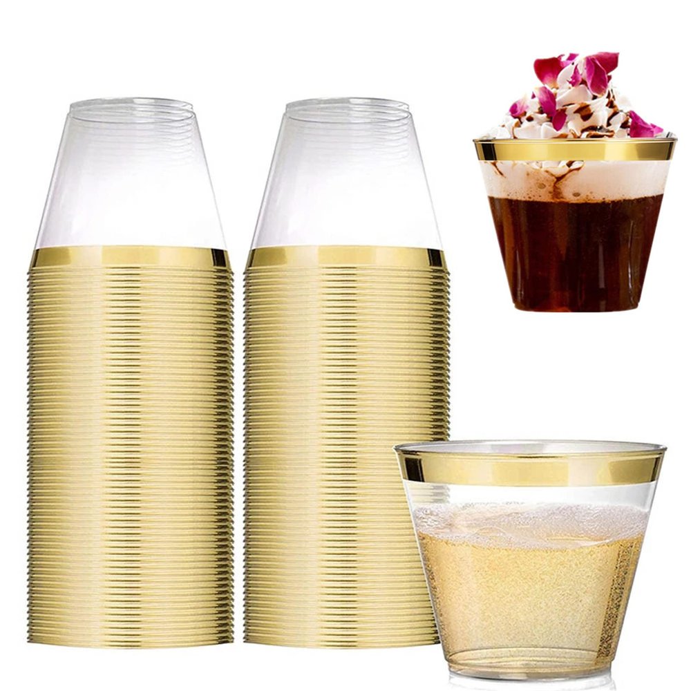 ASkinds 100 Pack Disposable Plastic Cups, 9 oz Gold Rimmed Plastic Cups for Wedding Cups Camping Party Cups
