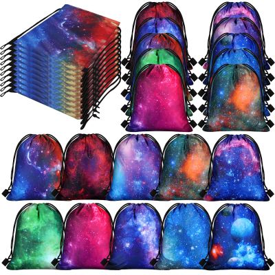 Lothee 30 Pcs Galaxy Party Favor Bags Space Drawstring Bags Starry Night Sky Backpack Galaxy Treat Candy Birthday Party Supplies for Kids Gifts
