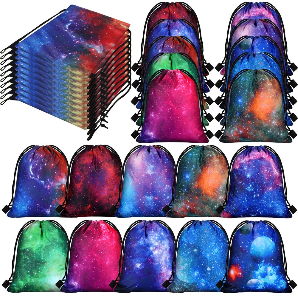 Lothee 30 Pcs Galaxy Party Favor Bags Space Drawstring Bags Starry Night Sky Backpack Galaxy Treat Candy Birthday Party Supplies for Kids Gifts