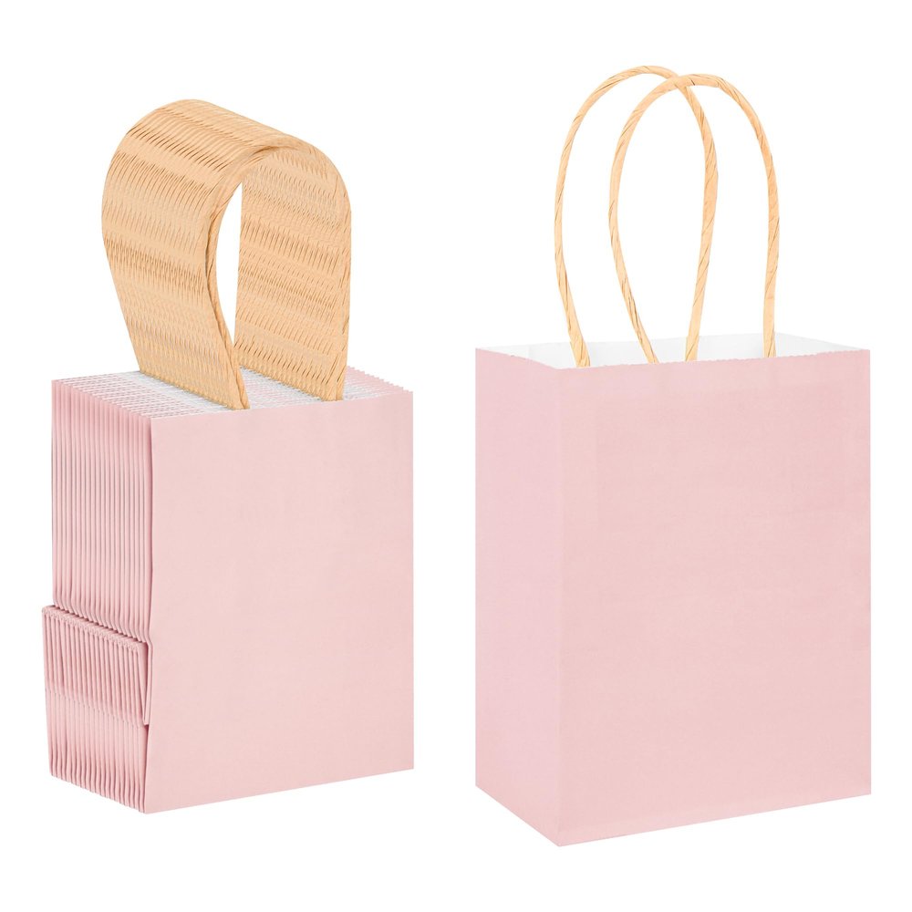 DjinnGlory 60 Pack Mini Pink Paper Bags with Handles Bulk 6.3x4.7x2.75 Inch for Birthday Wedding Baby Shower Party Favors, Treats, Goodies, Christmas Gifts, Tiny Small Business Bags