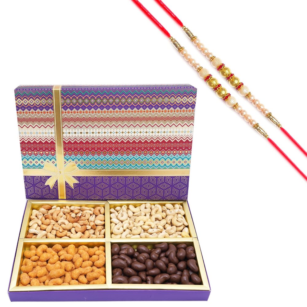 Ghasitaram Gifts Rakhi Gifts for Brothers Dryfruit - Fruit n nut Box of 4 Assorted Cashews 800 GMS with 2 Pearl Rakhis