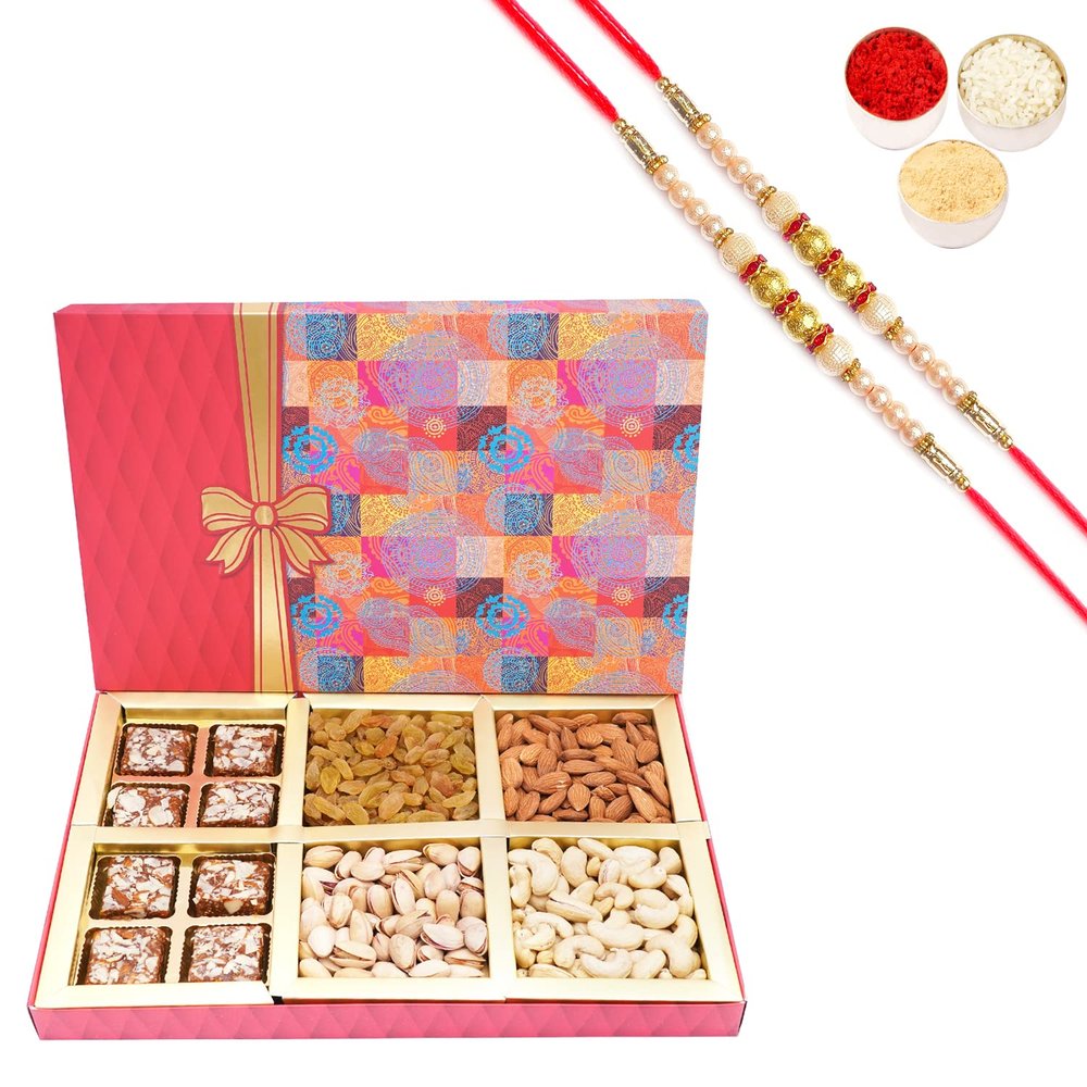 Ghasitaram Gifts Rakhi Gifts for Brothers Dryfruit - Fruit n Nut Box of 4 Dryfruits and Sugarfree Bites with 2 Pearl Rakhis