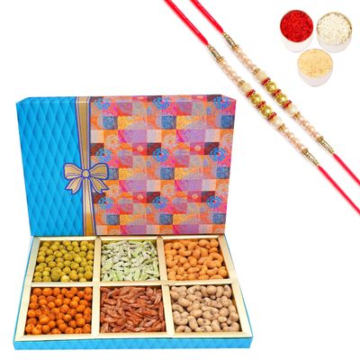 Ghasitaram Gifts Rakhi Gifts for Brothers Dryfruit - Fruit n Nut 6 Parti Box of Crunchy Cashews,Crunchy Peanuts and Flavoured Raisins 600 GMS with 2 Pearl Rakhis
