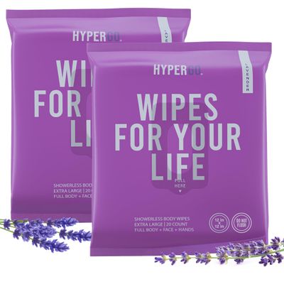 HyperGo XL Body Wipes for Women & Men  12" x12" Rinse-Free Full Body Cleansing Wipes 2-20 Count Packs - Lavender | Biodegradable, Hypoallergenic, Aloe-Infused | Gym, Festival, Camping Essentials