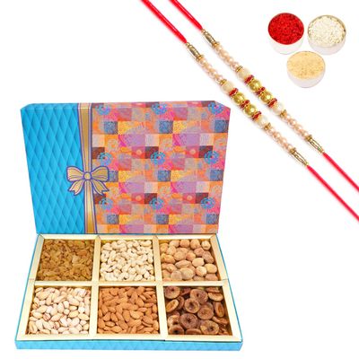 Ghasitaram Gifts Rakhi Gifts for Brothers Dryfruit - Fruit n Nut Box of 6 Dryfruits 600 GMS with 2 Pearl Rakhis