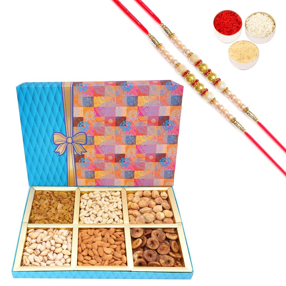 Ghasitaram Gifts Rakhi Gifts for Brothers Dryfruit - Fruit n Nut Box of 6 Dryfruits 600 GMS with 2 Pearl Rakhis