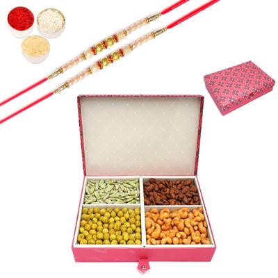 Ghasitaram Gifts Rakhi Gifts for Brothers Dryfruit - Red 4 Part Flavoured Nuts Box 1000 GMS with 2 Pearl Rakhis