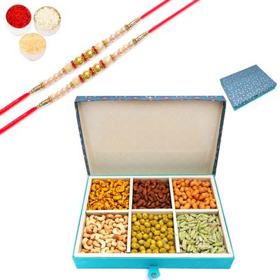 Ghasitaram Gifts Rakhi Gifts for Brothers Dryfruit - Blue 6 Part Flavoured Nuts Box 1500 GMS with 2 Pearl Rakhis
