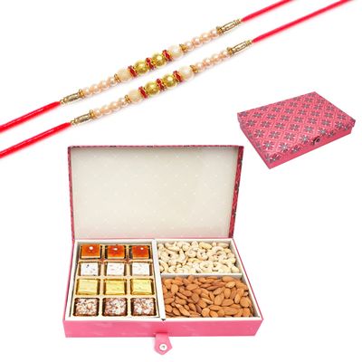 Ghasitaram Gifts Rakhi Gifts for Brothers Dryfruit - Red 4 Part of Assorted Bites, Almonds and Cashews with 2 Pearl Rakhis