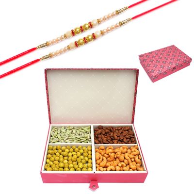 Ghasitaram Gifts Rakhi Gifts for Brothers Dryfruit - Red 4 Part Flavoured Nuts Box 600 GMS with 2 Pearl Rakhis