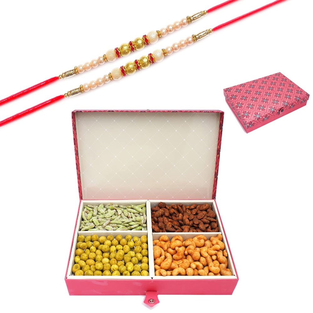 Ghasitaram Gifts Rakhi Gifts for Brothers Dryfruit - Red 4 Part Flavoured Nuts Box 600 GMS with 2 Pearl Rakhis