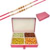 Ghasitaram Gifts Rakhi Gifts for Brothers Dryfruit - Red 4 Part Flavoured Nuts Box 600 GMS with 2 Pearl Rakhis view 1