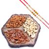 Ghasitaram Gifts Rakhi Gifts for Brothers Dryfruit - Hexagon Log Platter with Cashews Almonds and Chilly Raisins with 2 Pearl Rakhis view 1