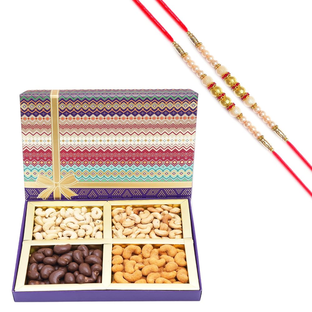 Ghasitaram Gifts Rakhi Gifts for Brothers Dryfruit - Fruit n nut Box of 4 Assorted Cashews 400 GMS with 2 Pearl Rakhis