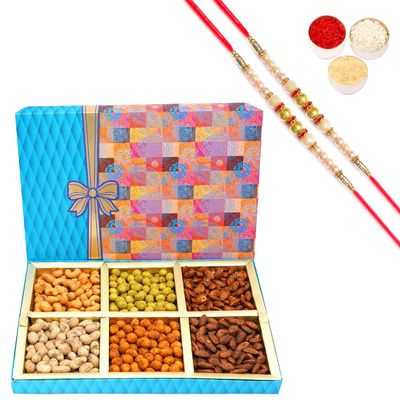 Ghasitaram Gifts Rakhi Gifts for Brothers Dryfruit - Fruit n Nut 6 Part Box of Crunchy Cashews, Crunchy Peanuts and Flavoured Almonds 600 GMS with 2 Pearl Rakhis