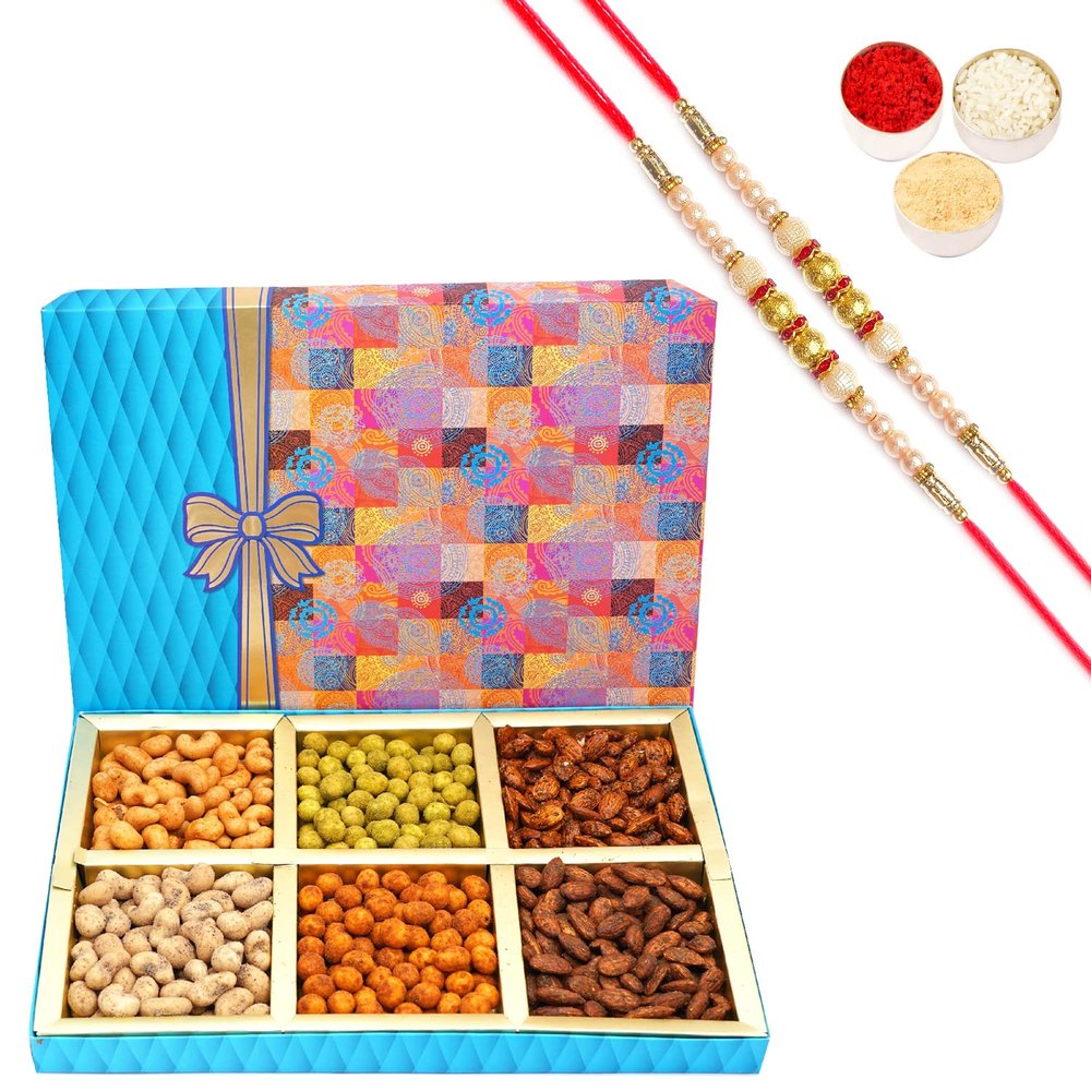 Ghasitaram Gifts Rakhi Gifts for Brothers Dryfruit - Fruit n Nut 6 Part Box of Crunchy Cashews, Crunchy Peanuts and Flavoured Almonds 600 GMS with 2 Pearl Rakhis