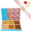 Ghasitaram Gifts Rakhi Gifts for Brothers Dryfruit - Fruit n Nut 6 Part Box of Crunchy Cashews, Crunchy Peanuts and Flavoured Almonds 600 GMS with 2 Pearl Rakhis view 1