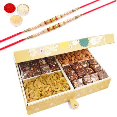 Ghasitaram Gifts Rakhi Gifts for Brothers Dryfruit - Gold 4 Part with Almonds, Raisins, and Sugarfree Bites 600 GMS with 2 Pearl Rakhis