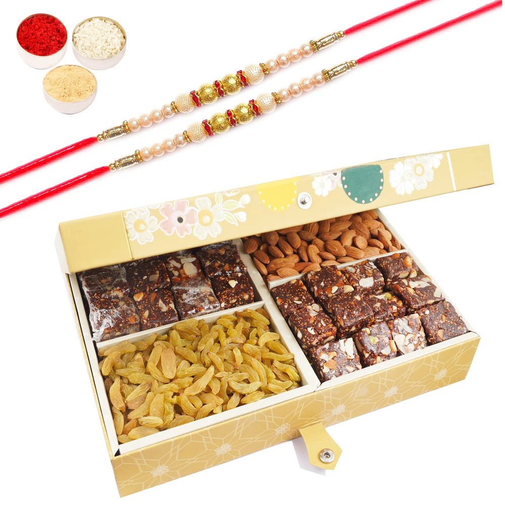 Ghasitaram Gifts Rakhi Gifts for Brothers Dryfruit - Gold 4 Part with Almonds, Raisins, and Sugarfree Bites 600 GMS with 2 Pearl Rakhis