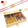 Ghasitaram Gifts Rakhi Gifts for Brothers Dryfruit - Gold 4 Part with Almonds, Raisins, and Sugarfree Bites 600 GMS with 2 Pearl Rakhis view 1