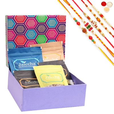 Jaiccha Ghasitaram Rakhi Gifts for Brothers Gourmet Hamper Box of Nuts and Namkeen with 5 Rakhis