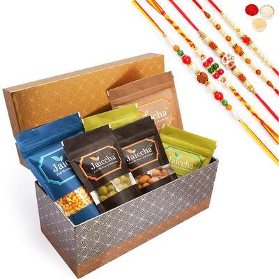Jaiccha Ghasitaram Rakhi Gift for Brothers Rectangle box of Badang Bhel,Chakli Sticks,Chocolate Coated Butterscotch,Chocolate Coated Raisin,Crunchy Coated Cashew & Crunchy Coated Peanuts with 5 Rakhis